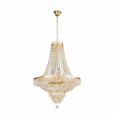 Chandelier Genuine K9 Crystal Blue Ceramic Gold Metal Arms Pendant Ceiling Lamp