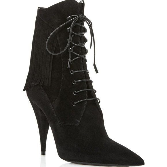 Stivali Saint Laurent Kiki 100 stringati con frange neri