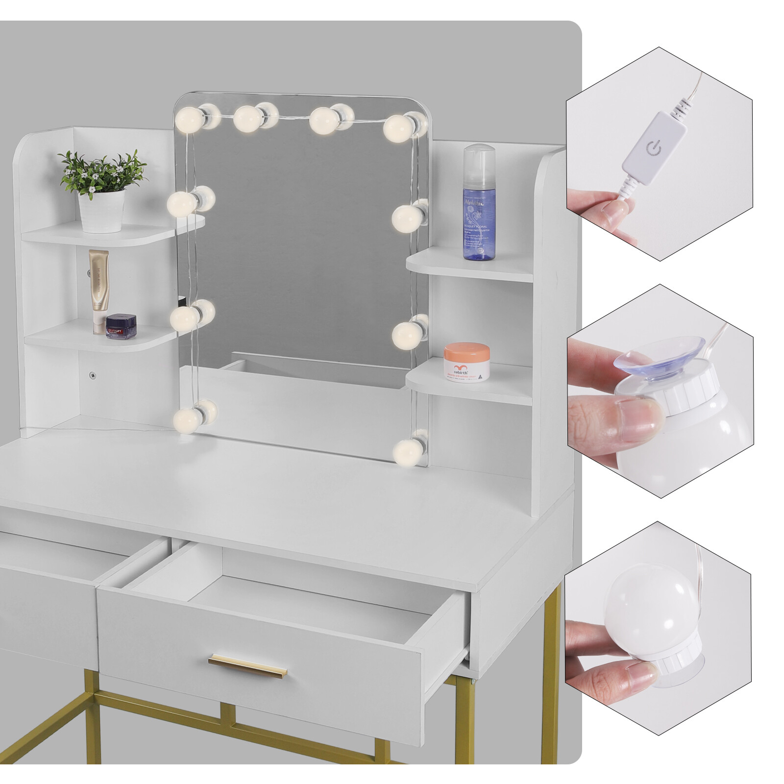 Schminktisch Mit LED Beleuchtung - Kosmetiktisch Mit Schubladen Und Hocker