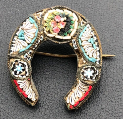 Antique Italian Italy Micro mosaic Horseshoe Brooch Pin ~ C Clasp is Broken