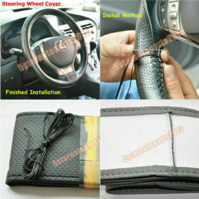 1 DIY Car Stitch PU Leather Steering Wheel Cover Needle Thread Anti-slip M Black