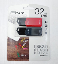 PNY 32GB USB 2.0 Flash Drive Retract 2-Pack Red  Black New Sealed