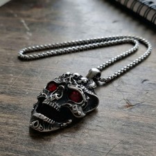 Mens Red Crystal Skull Pendant Necklace