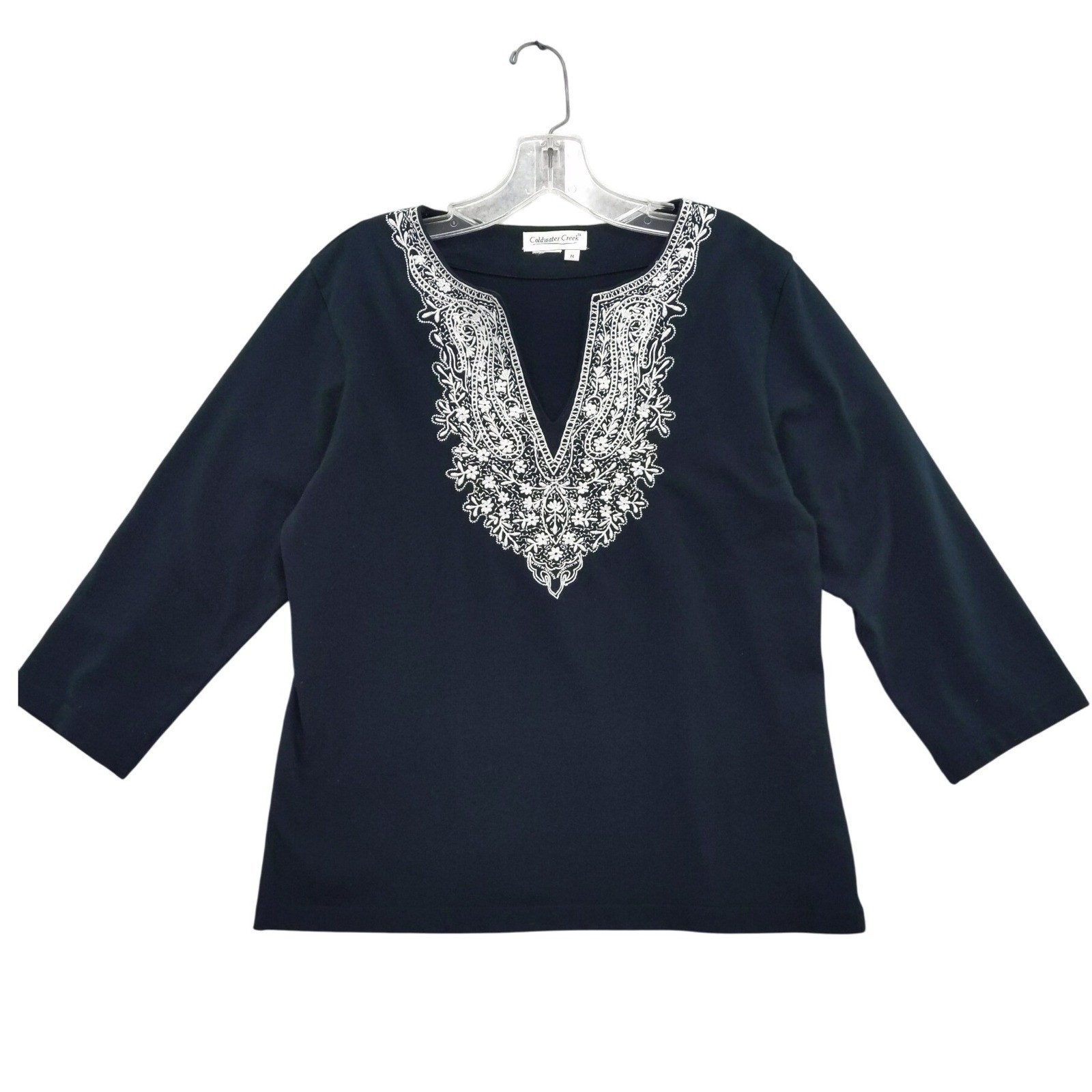 Coldwater Creek Embroidered Top Blouse 3/4 Sleeve Black White Size M