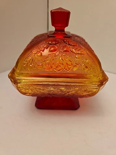 Vintage Jeanette Amberina Candy Dish Carnival Glass Acorn Oak Pattern Red Yellow