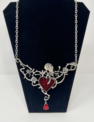 Alchemy Gothic Necklace Bed of Blood Roses Red Enamel Heart Austrian Crystal