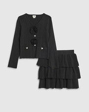 River Island Girls Cardigan & Skirt Set Black Corsage 2 Piece V-Neck Buttoned