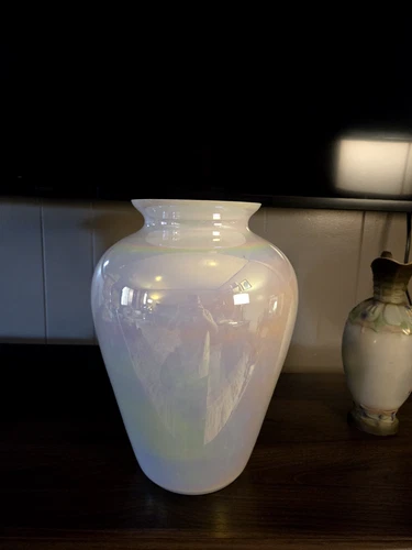 Vintage  Glass Pearl Iridescent Thin Blown Milk White Vase