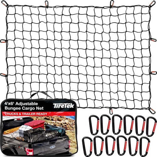 Cargo Net Truck Bed 4-12 IN Heavy Duty Bungee Mesh 12 Carabiners Universal Black