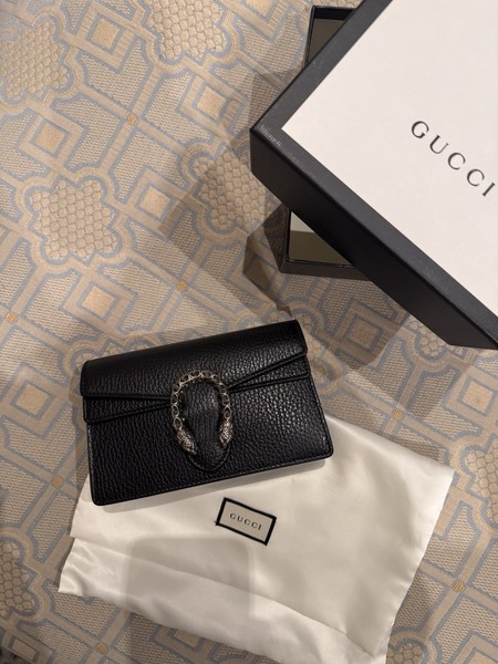 Gucci Dionysus Super Mini Black Pebbled Leather Chain Crossbody Clutch Bag