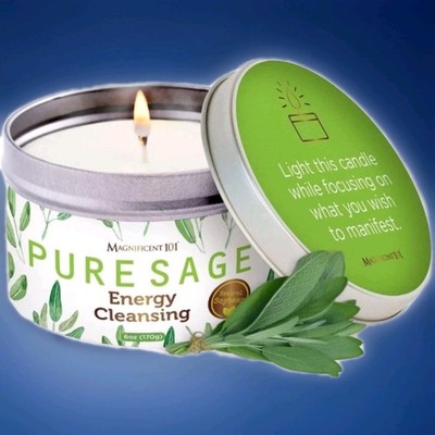 NEW Organic Long Lasting Pure Sage Energy Cleansing White Candle 6oz  