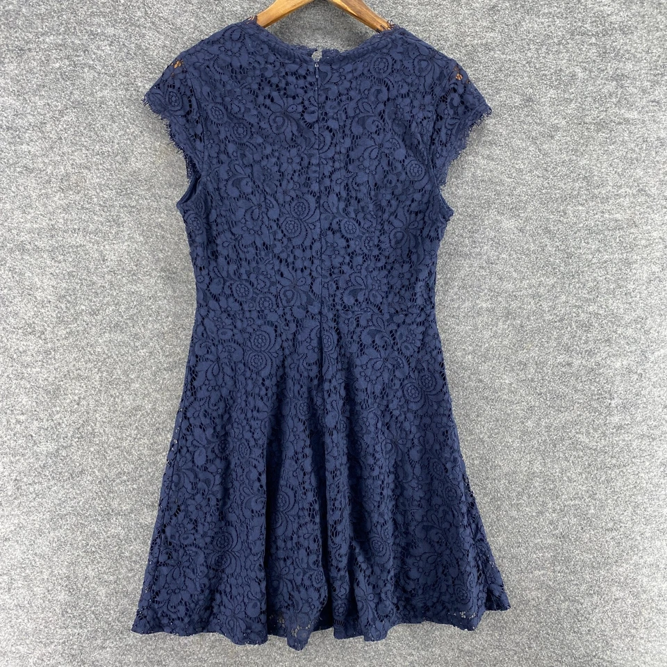 Vestido H&M Mujer M Medio Azul Floral Funda Midi Crochet Forrado Cremallera Cuello en V Foto 2 de 4