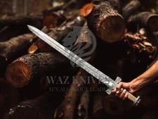 Handmade Viking Medieval Sword Battle Ready Damascus Steel Blade Leather Sheath