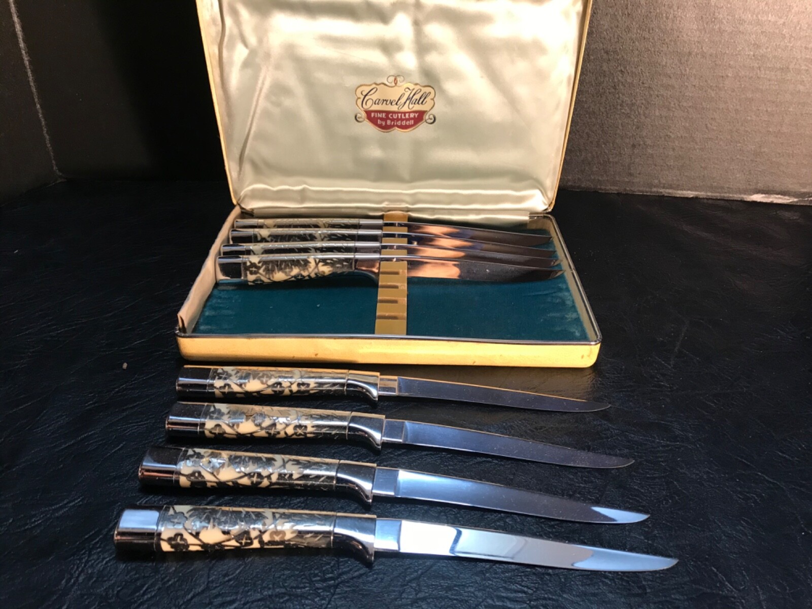 VINTAGE CARVEL HALL FINE CUTLERY KNIVES WITH SILVER OVERLAY BY BRIDDELL