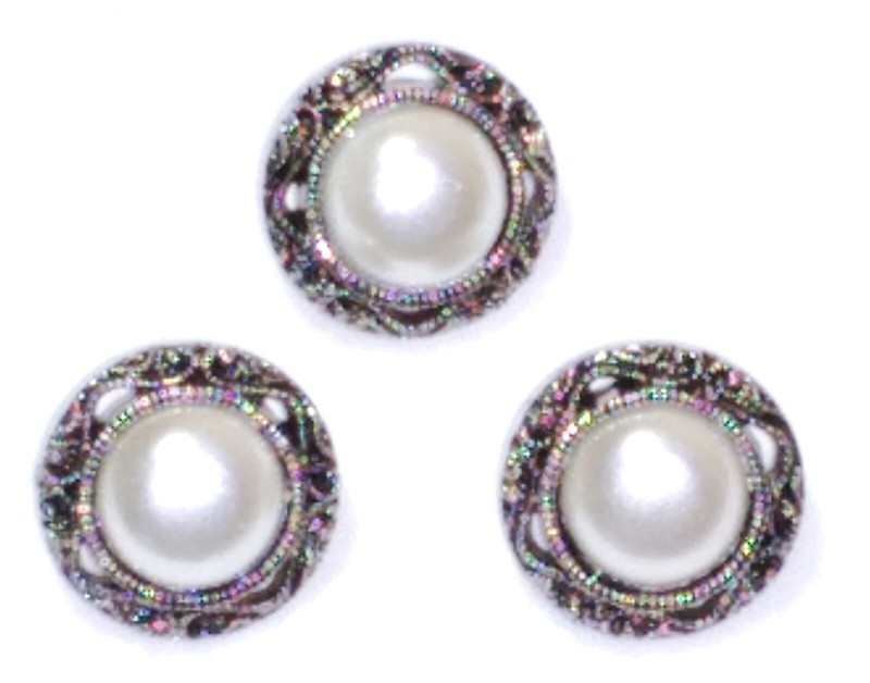 Vintage trio 3 Faux Pearl BUTTONS Fancy Filigree Edges Plastic Shank Silver tone