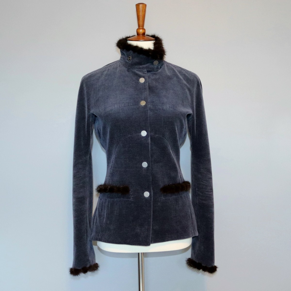 CHANEL SZ 40 Navy Corduroy Jacket Blazer Genuine Mink Fur Trim