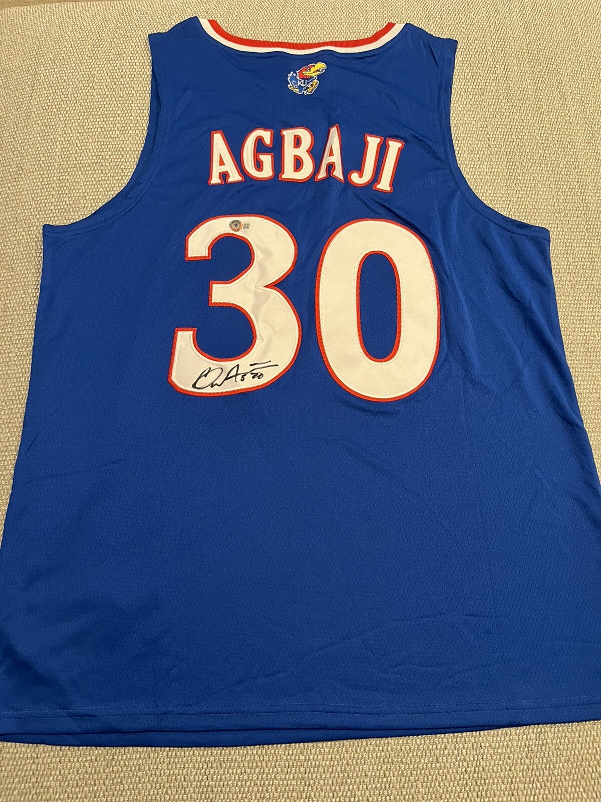 BECKETT COA OCHAI AGBAJI Signed Kansas Jayhawks Basketball Jersey 2022 Champions 