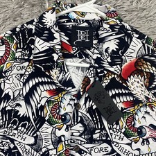 Ed Hardy Button Up Shirt Mens Medium Battle Skull Snake Eagle Y2K Punk New