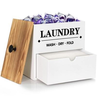 White Wood Dryer Sheet Holder with Drawer & Lid Wall Mountable