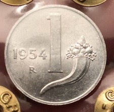 Moneta 1 Lira 1954, Italia Repubblica, Perizia FDC, Rif. 5217
