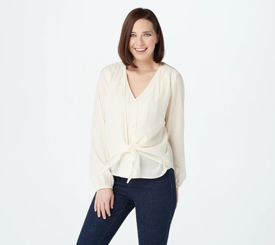 Du Jour Tie-Front Textured Woven Blouse A374707  ,IVORY M