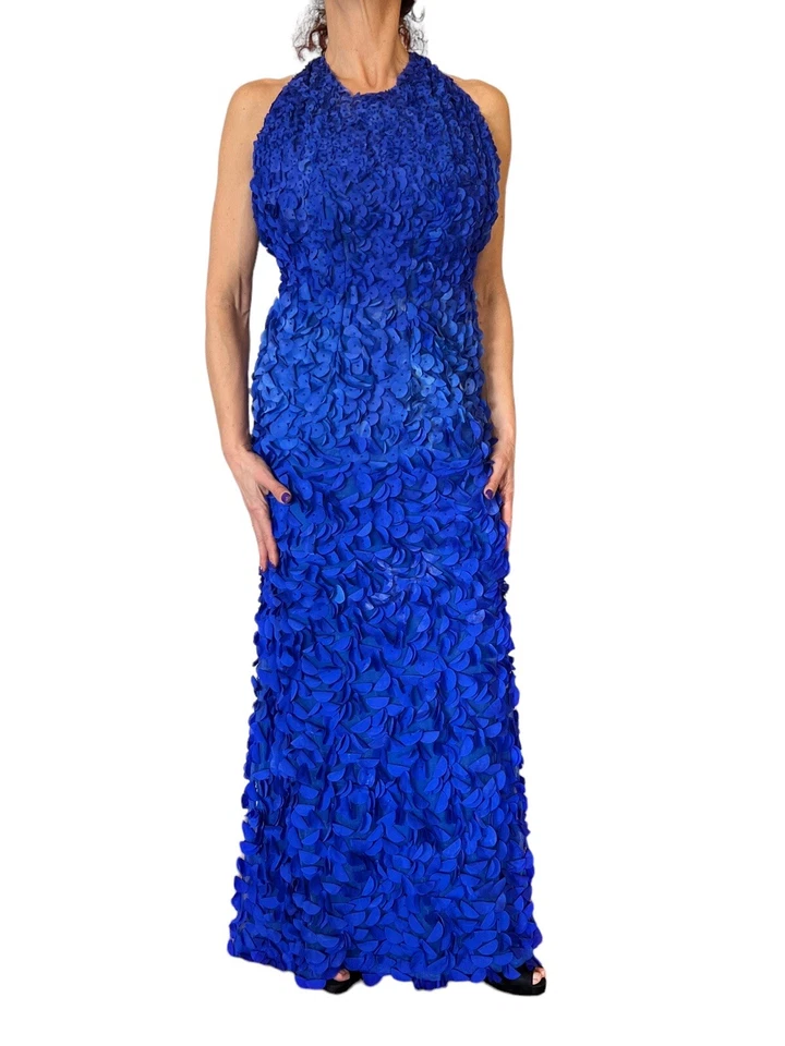 THEIA Vestido Largo Cuello Halter Vestido de Noche Azul Cobalto Pétalo Flor Cuentas 4 Foto 4 de 4