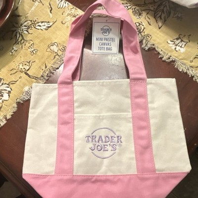 Trader Joe's Mini Pastel Canvas Tote Bag Pink Beige 13x6x10in Solid Canvas