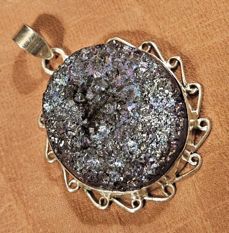 Vintage Sterling 925 Artisan Handcrafted Blue Purple Druzy Quartz Pendant
