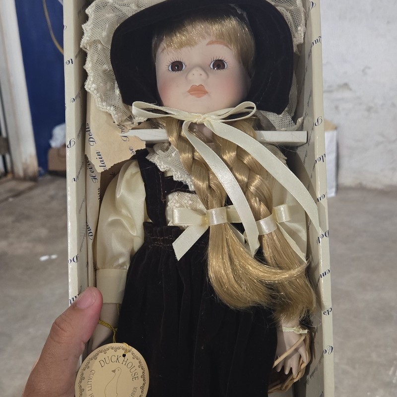 Duck House Porcelain Doll Blonde Straight Hair Light Complexion in Opened Box