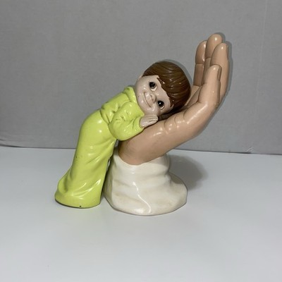Vtg. 2 Pc. Mid Century Chalkware Child Loving Hand/ Hand of God Statue Figurines
