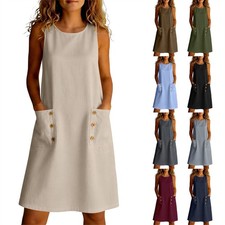 Summer Ladies Sleeveless Tank Dress Linen Cotton Loose Fit Beach Casual Pocket