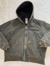 Vintage Carhartt J130 MOS Moss Green Hooded Mens XL Work Jacket Faded Distressed