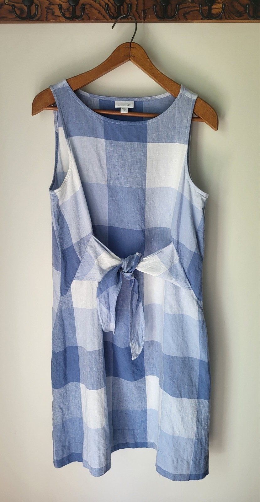 J Jill Love Linen Blue & White Plaid Dress Petite Medium Cool Summer Cottagecore