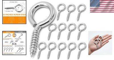 12 Pcs M6 304 Stainless Steel Screw Eye Hooks, 2-1/2 Inches Eyes Screw Hooks,Heavy Duty Screw Eye Bolt,Load Bearing 200LB,Indoor & Outdoor Use