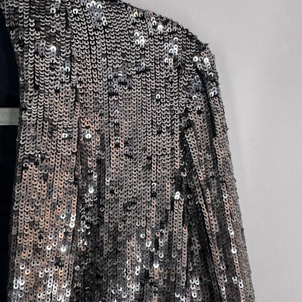 ZARA Woman Sequin Jacket S Silver Metallic Blazer Collarless Crop Evening Party - Image 3 of 4