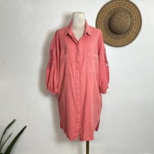 YFB linen cotton shirt peach dress M embroider bell sleeve resort flowy oversize