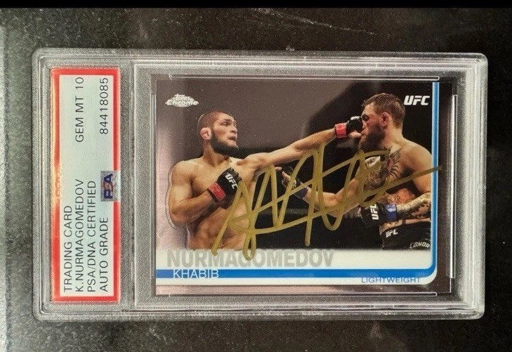 RARE - Khabib Nurmagomedov VS Conor McGregor Topps Chrome On Card AUTO PSA 10 view 1