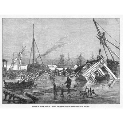 Disaster at Smyrna Fall of a Seaside Coffee House into the Water Old Print 1873