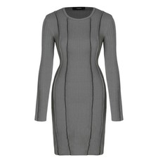 Cider Solid Ribbed Exposed Seam Bodycon Midi Dress, Gray, Size Small