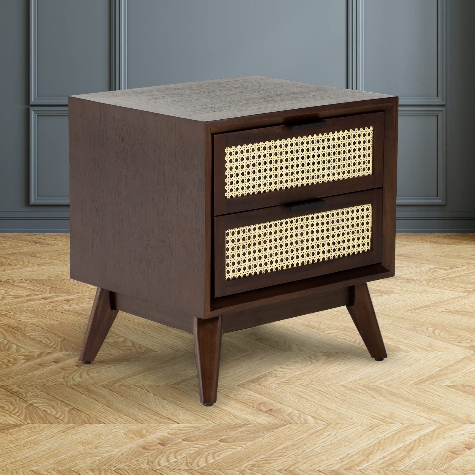 Rattan Drawer Side Table in Walnut Finish - Compact Storage