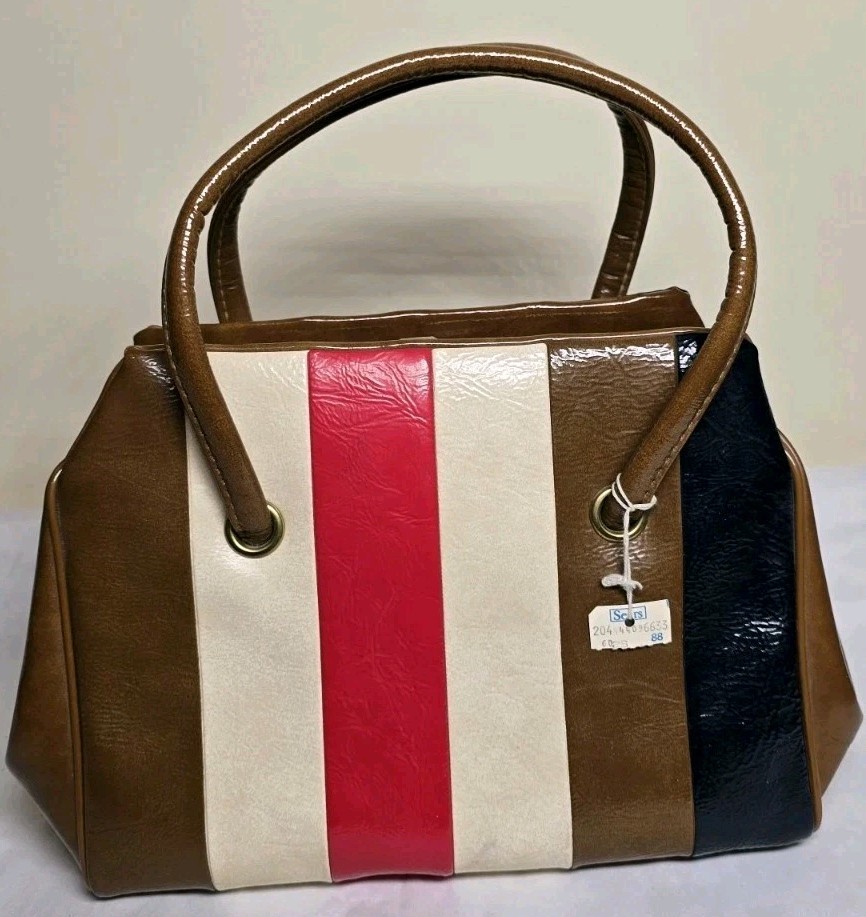 Vintage Mod Colorblock Vinyl Handbag Red White Blue Brown Top Handle Purse