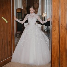 Appliques A-Line Wedding Dresses High Neck Full Sleeves Bow Royal Bridal Gowns