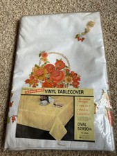 Tablecloth VINTAGE Polyester Flannel Back Vinyl - 52x90 Oblong new old stock