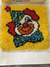 Clown Latch Hook Rug  Pillow Piece Circus Room Decor 15x15 Extra Yarn Vintage