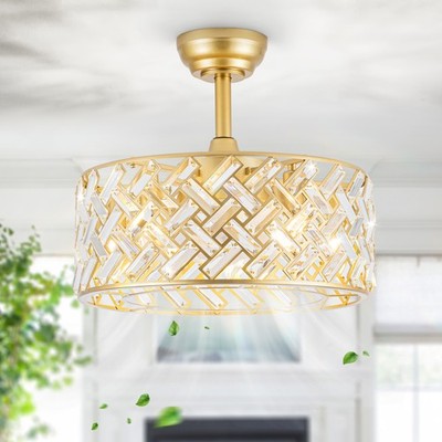 18'' Caged Crystal Ceiling Fan with Light Modern Gold Flush Mount Remote Control