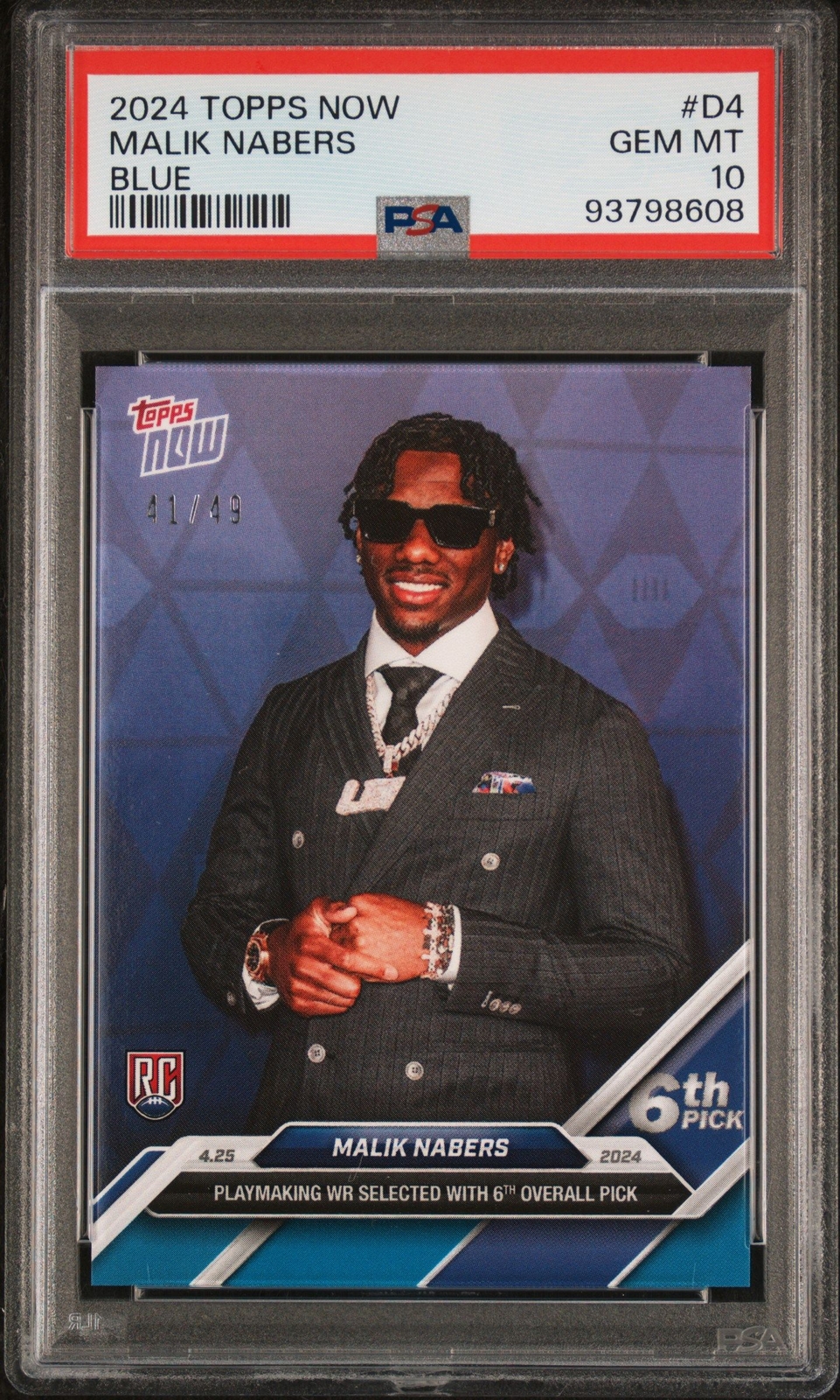 2024 TOPPS NOW DRAFT NIGHT MALIK NABERS #49 BLUE #D4 RC ROOKIE PSA 10