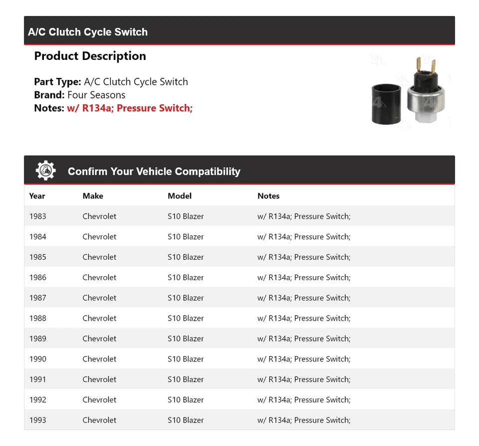 Interruptor de ciclo de embrague aire acondicionado Chevrolet S10 Blazer 1983-1993 4 estaciones 1984 1985 Foto 2 de 4