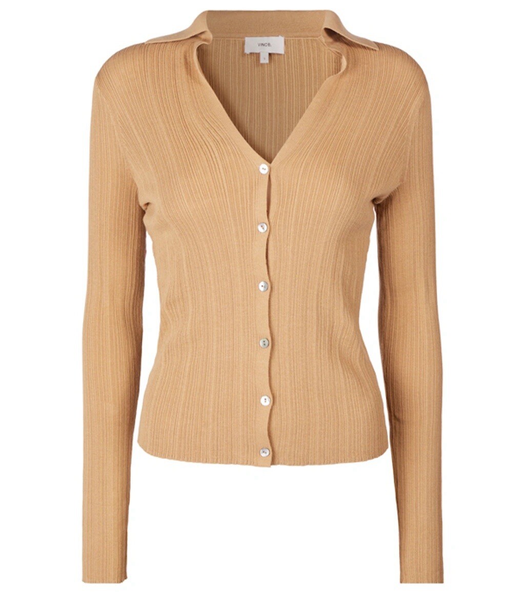 Vince Medium Women's Camel Ribbed Polo Collar Cardigan Sweater New