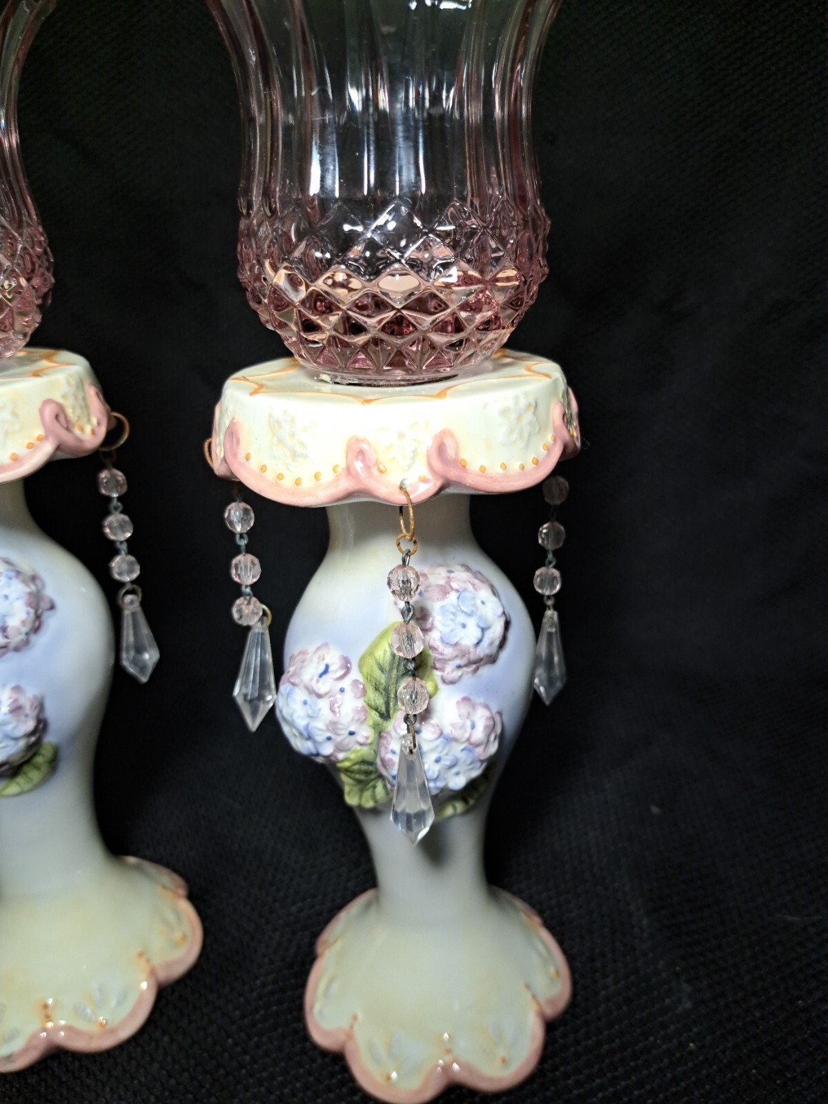 Pair Of Floral Chic Mantle Lusters Pink Glass Candleholders With Prisms