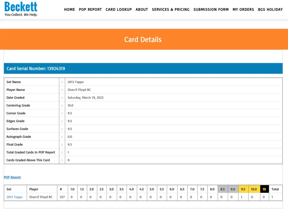 POP 1: Sharrif Floyd RC BGS 9.5: 2013 Topps Rookie Card Gem Mint Plus Gisto - Image 3 of 3